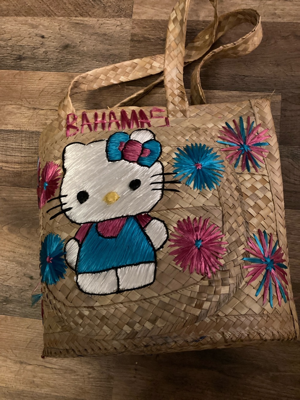 Sanrio Hello Kitty Straw Tote Bag - White, Blue, Pink